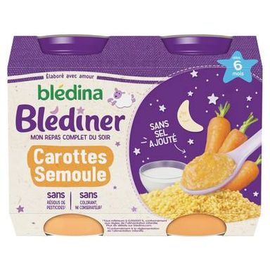 Blédina - Blédîner Céréales Lactées Carottes Semoule Brique Bébé Dès 6 mois, 2x200g
