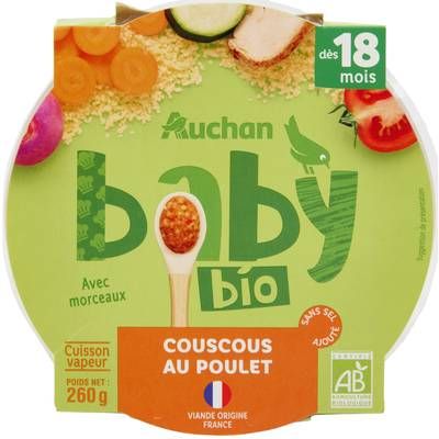Auchan Baby Bio Couscous au poulet Bio Assiette bébé dès 18 mois, 260g