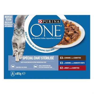 Purina - One Sachet en Sauce Canard, Sardine, Boeuf pour chat stérilisé, 8x85gg
