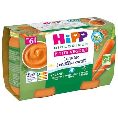 Hipp - P'tits Veggies Carottes Lentilles Corail Bio Pot Bébé Dès 6 mois, 2x125g