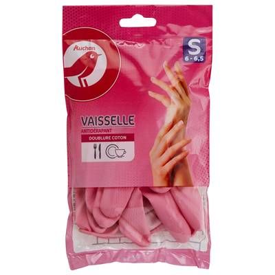 Auchan Gants à vaisselle anti-dérapant doublé coton taille S, 1 paire