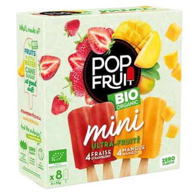 Pop' Fruit Mini Bâtonnets sorbet fraise et sorbet mangue Bio, 8 bâtonnets - 280g