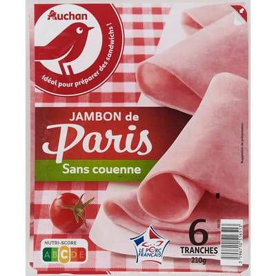 Auchan Jambon de Paris Sans Couenne, 6 trances - 210g