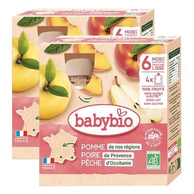 Babybio Pomme, Poire, Pêche Bio Gourde Bébé Dès 6 mois, Lot de 2 - 4x90g