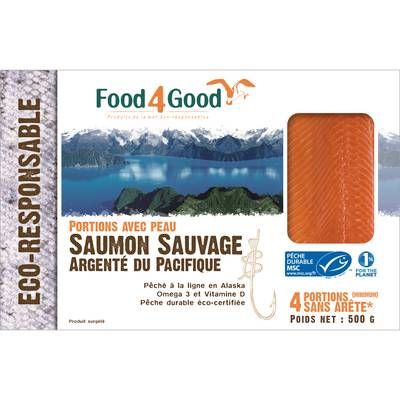 Food4Good Saumon Sauvage Argenté du Pacifique MSC sans arête avec peau, 500g