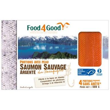 Food4Good Saumon Sauvage Argenté du Pacifique MSC sans arête avec peau, 500g