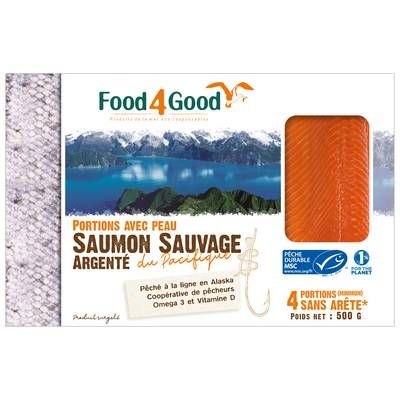 Food4Good Saumon Sauvage Argenté du Pacifique MSC sans arête avec peau, 500g