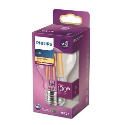 Philips Ampoule E27-10,5W LED Classique Transparente Blanc Chaud, E27  100W
