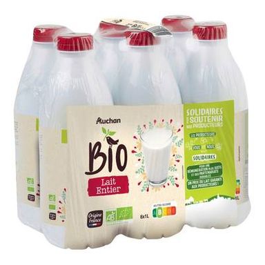 Auchan Solidaires Bio Lait entier Bio UHT, 6x1L