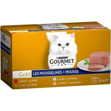 Purina - Gourmet Gold Boites Mousseline Thon, Foie, Dinde, Bœuf pour chat, 4x85g