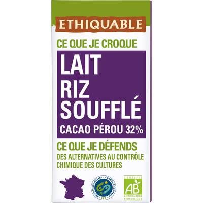 Ethiquable - Commerce Equitable Chocolat lait riz soufflé 32% Cacao Bio du Pérou, 100g