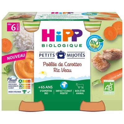 Hipp - Petits Mijotés Poêlée de Carottes Riz Veau Bio Pot Bébé Dès 6 Mois, 2x190g