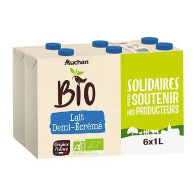 Auchan Solidaires Bio Lait demi-écrémé UHT Bio, 6x1L