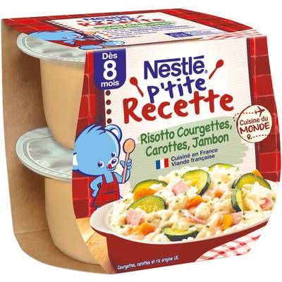 Nestlé - P'tite Recette Risotto Courgettes Carottes Jambon Bol Bébé Dès 8 mois, 2x200g