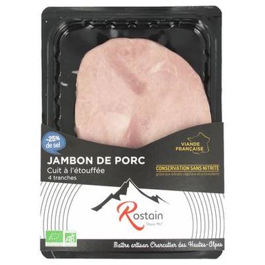 Rostain Jambon Bio Taux de Sel Réduit Conservation sans Nitrite, 4 tranches - 160g