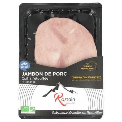 Rostain Jambon Bio Taux de Sel Réduit Conservation sans Nitrite, 4 tranches - 160g