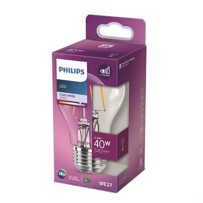 Philips Ampoule E27-4,3W LED Classique Transparente Blanc Froid, E27  40W