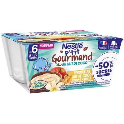 Nestlé - P'tit Gourmand Semoule au lait de coco Pomme Vanille Coupelle Bébé Dès 6 mois, 4x90g