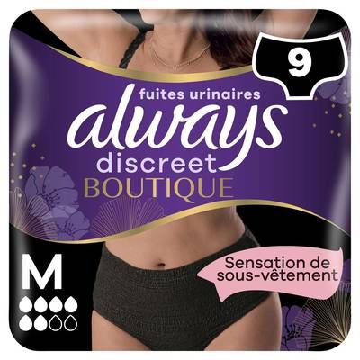 Always Discreet Culottes Fuites Urinaires Noir Taille M, 9 culottes