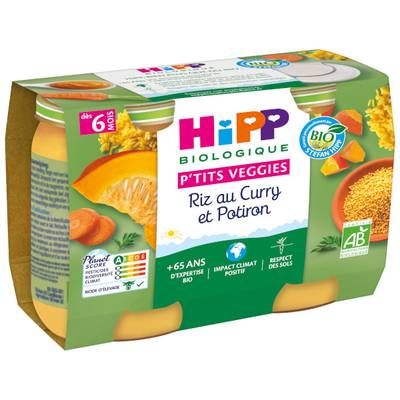 Hipp - P'tits Veggies Riz au Curry et Potiron Bio Pot Bébé Dès 6 Mois, 2x190g