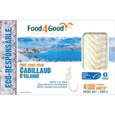 Food4Good Pavés de Cabillaud d'Islande MSC sans peau sans arête, 500g