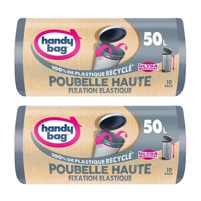 Handy Bag Sac à poignées coulissantes Poubelle Haute Ultra Résistant 50L, Lot de 2x10 sacs de 50 L