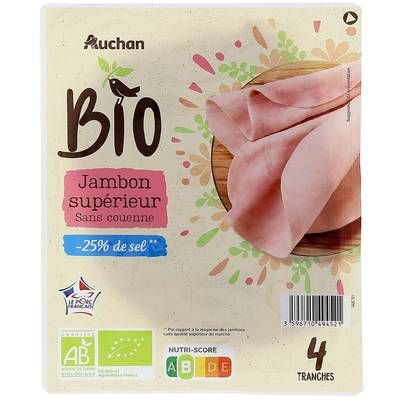 Auchan BIO Jambon Supérieur Bio Réduit en Sel, 4 tranches - 140g