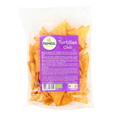 Priméal Tortillas Chili • Chips de maïs bio au chili, 125g