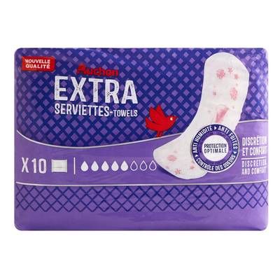 Auchan Serviettes hygiéniques extra sans ailettes, 10 serviettes