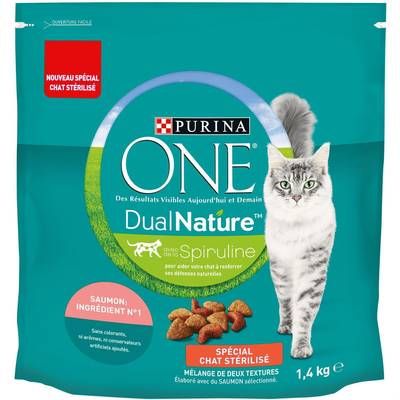 Purina - One Croquettes Saumon Spiruline Dual Nature pour Chat Adulte Stérilisé, 1,4kg