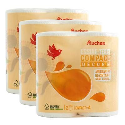 Auchan Essuie-tout compact décoré, Lot de 3x2 rouleaux