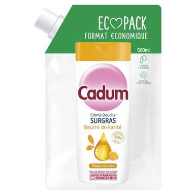 Cadum Crème de douche Eco Pack Surgras à l'huile d'amandes douces Bio et au beurre de karité, 500ml