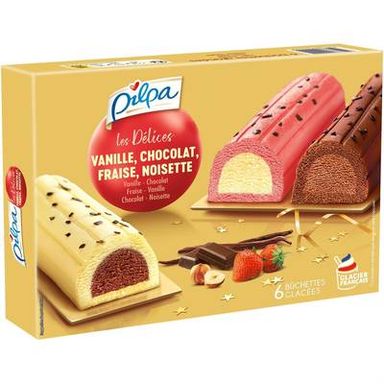 Pilpa 6 Bûchettes Vanille-Chocolat, Vanille-Fraise, Chocolat-Noisette 6x110ml, Boite de 355g