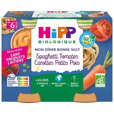 Hipp - Mon Dîner Bonne Nuit Spaghetti Tomates, Carottes, Petits Pois Bio Pot Bébé Dès 6 mois, 2x190g