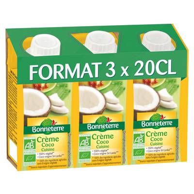 Bonneterre Crème coco cuisine bio, 3x20cl