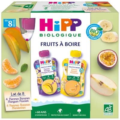 Hipp - Fruits à Boire Multipack 2 variétés- Purée de fruits et jus de fruits Bio Gourde Bébé Dès 8 mois, 8x9cl