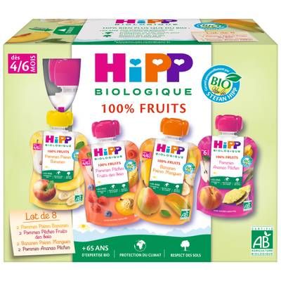 Hipp - 100% Fruits 4 variétés Pomme Poire Banane, Pomme Pêche Fruits des bois, Banane Poire Bio Gourdes Bébé Dès 4/6 mois, 8x90g
