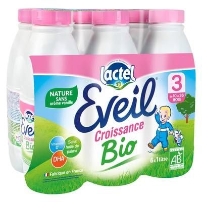 Lactel Eveil Lait de croissance Bio 3ème âge Liquide Bébé Dès 10 mois, 6x1L