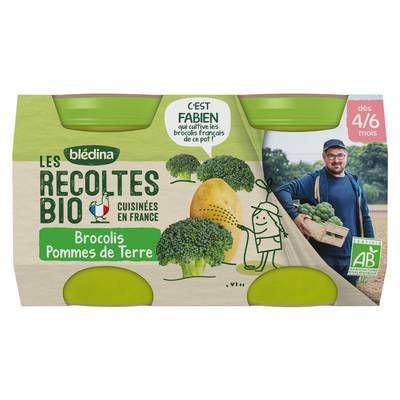 Blédina - Les Récoltes Bio Brocolis Pommes de Terre Bio Pot Bébé Dès 4/6 mois, 2x130g