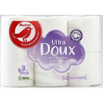 Auchan Papier toilette blanc ultra doux et moelleux 3 épaisseurs, 12 rouleaux papiers toilettes