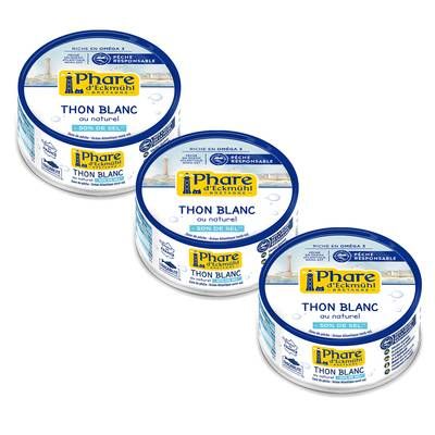 Phare d'Eckmuhl Thon blanc au naturel réduit en sel, pêche responsable, Lot de 3x112g