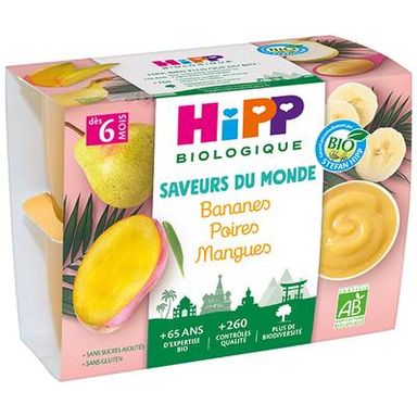 Hipp - Saveurs du Monde Banane Poire Mangue Bio Coupelle Bébé 6 mois, 4x100g