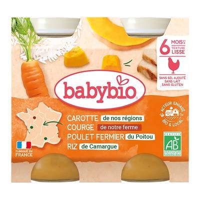 Babybio Carotte, Butternut, Poulet Fermier et Riz de Camargue Bio Pot Bébé Dès 6 mois, 2x200g