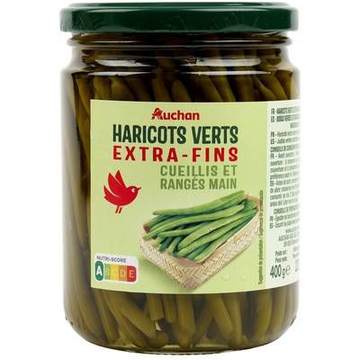 Auchan Haricots verts extra fins cueillis et rangés main en bocal, 220g