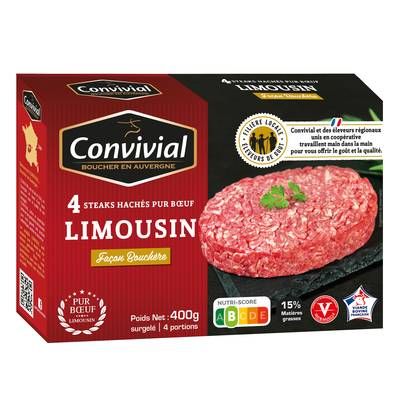 Convivial Steaks hachés pur boeuf du Limousin VBF 15mg, 4x100g