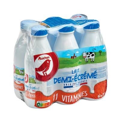 Auchan Lait demi écrémé 11 vitamines UHT, 6x1L