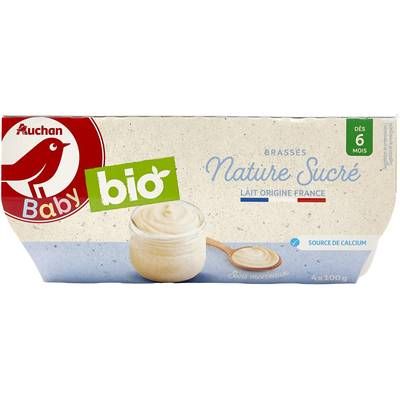Auchan Baby Bio Dessert Lacté Brassé Nature Sucré Bio Coupelles Bébé dès 6 mois, 4x100g