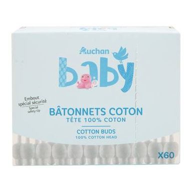 COSMIA BABY Bâtonnets coton-tiges bébé en papier, 60 coton-tiges
