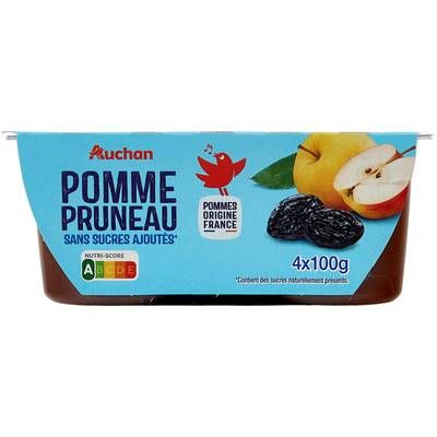 Auchan Coupelles purée de pomme pruneau sans sucres ajoutés, 4x100g