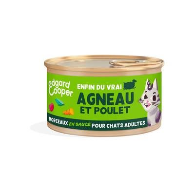 Edgard Cooper Boîte Morceaux en sauce Agneau et Poulet sans céréales pour Chat Adulte, 85g